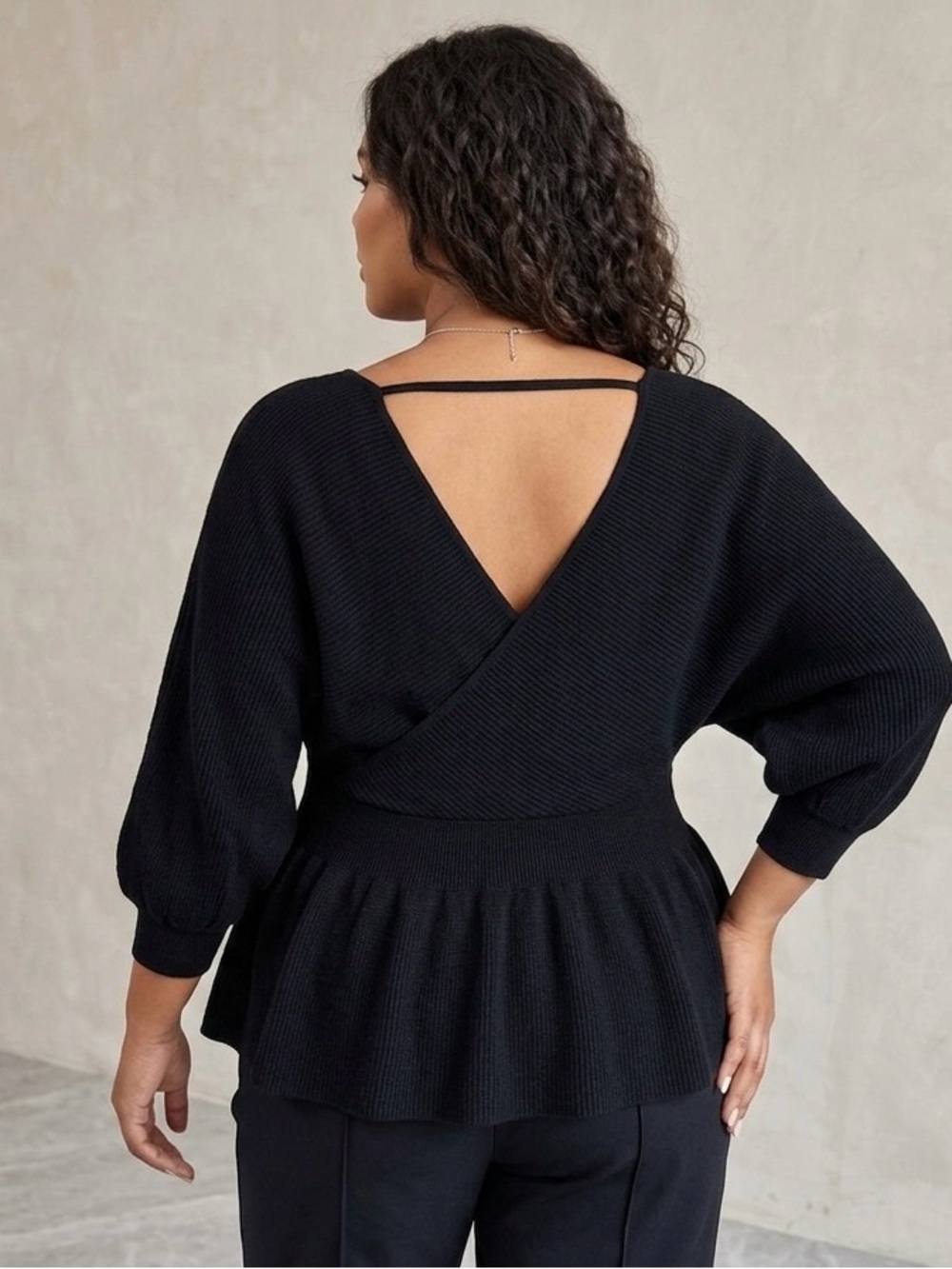 BloomChic Black Ribbed Knit Peplum Dolman Sleeve Crossover Sweater Size 14/16 - Picture 11 of 11
